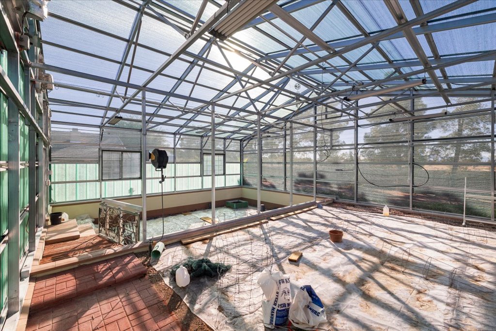 Commercial grade greenhouse interior with steel frame and raised garden beds